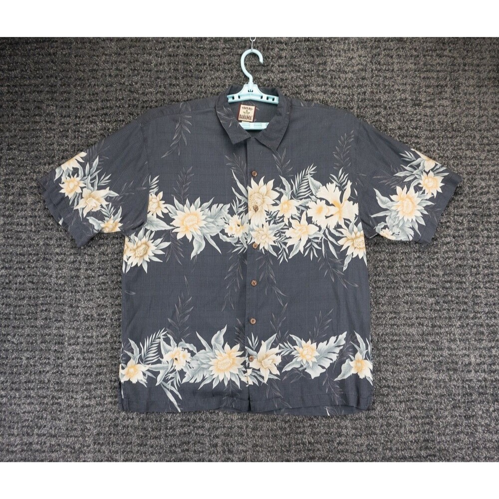 Tommy Bahama Shirt Mens Large Gray Floral Print Silk Beach Hawaiian Tropical